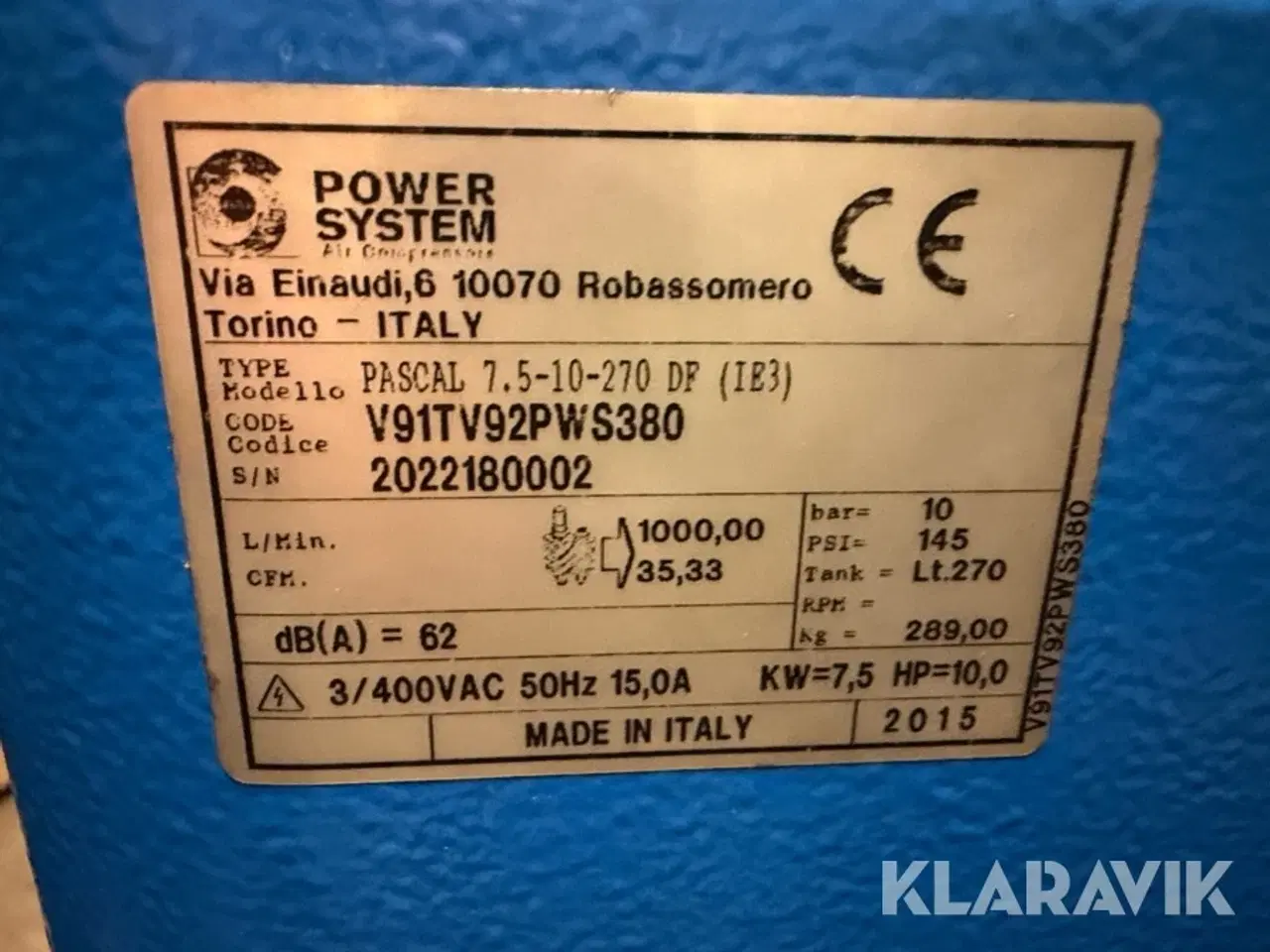 Billede 8 - Skruekompressor Power System Pascal 7,5-10-270 DP IE3 med tryktank