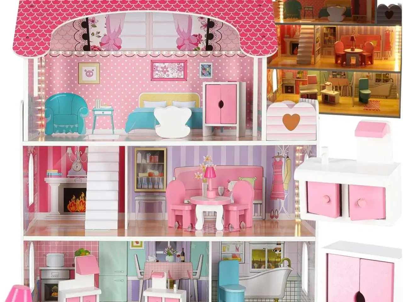 Billede 4 - Dukkehus i træ med møbler 70 cm – pink med LED