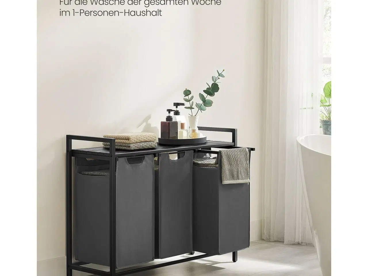 Billede 3 - Vasketøjskurv med 3 rum – VASAGLE, udtrækkelige poser, hylde, metalstel, 3 x 38 l, 92,5 × 33 × 72 cm, sort/grå
