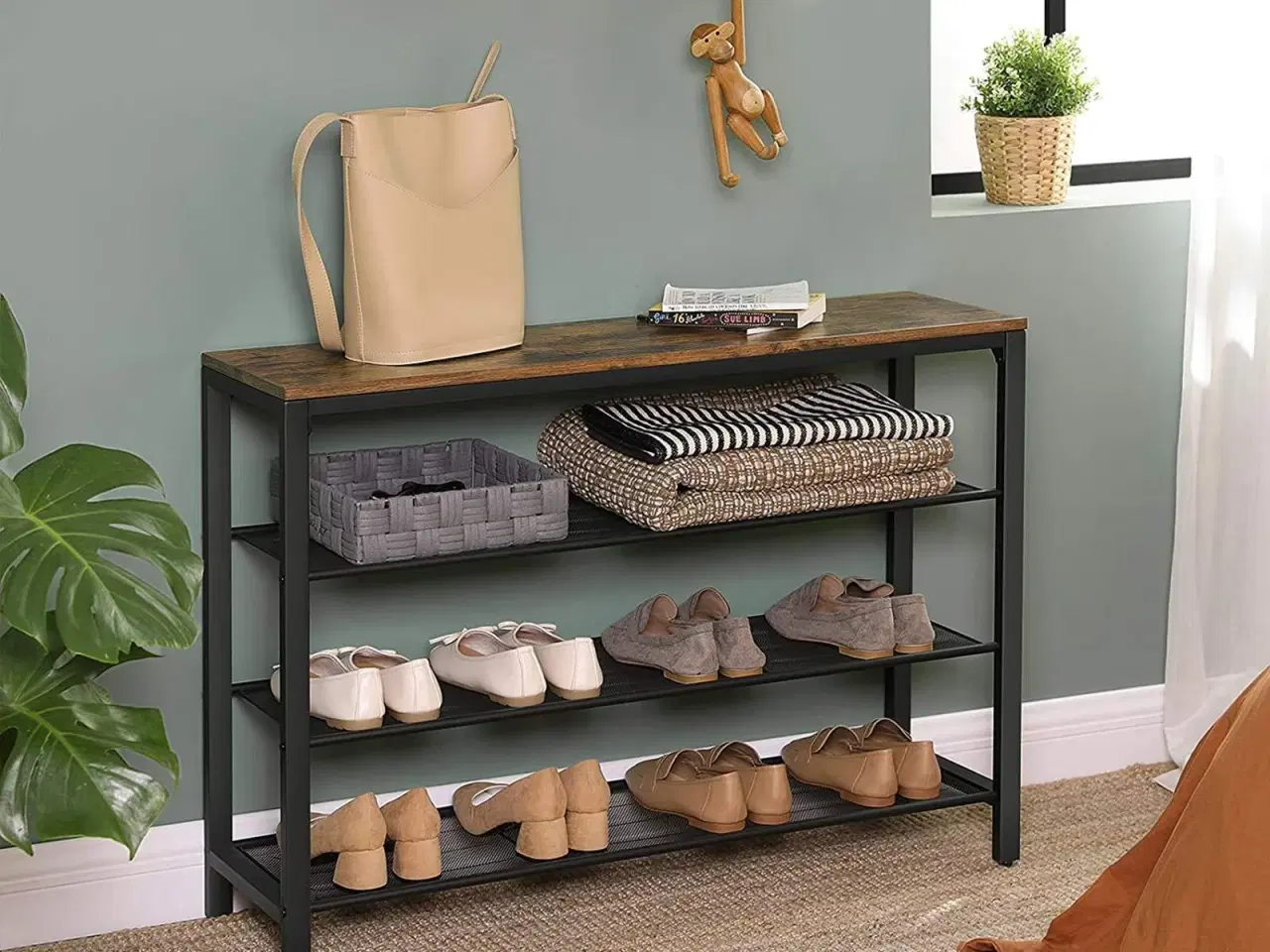 Billede 4 - Skostativ skoreol med 3 nethylder, industrielt look, rustik brun/sort