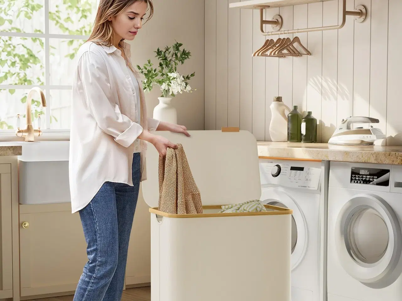 Billede 2 - Vasketøjskurv med låg 3 rum, 150 l, aftagelig mesh-indsats, bambushåndtag, sammenklappelig, cremehvid