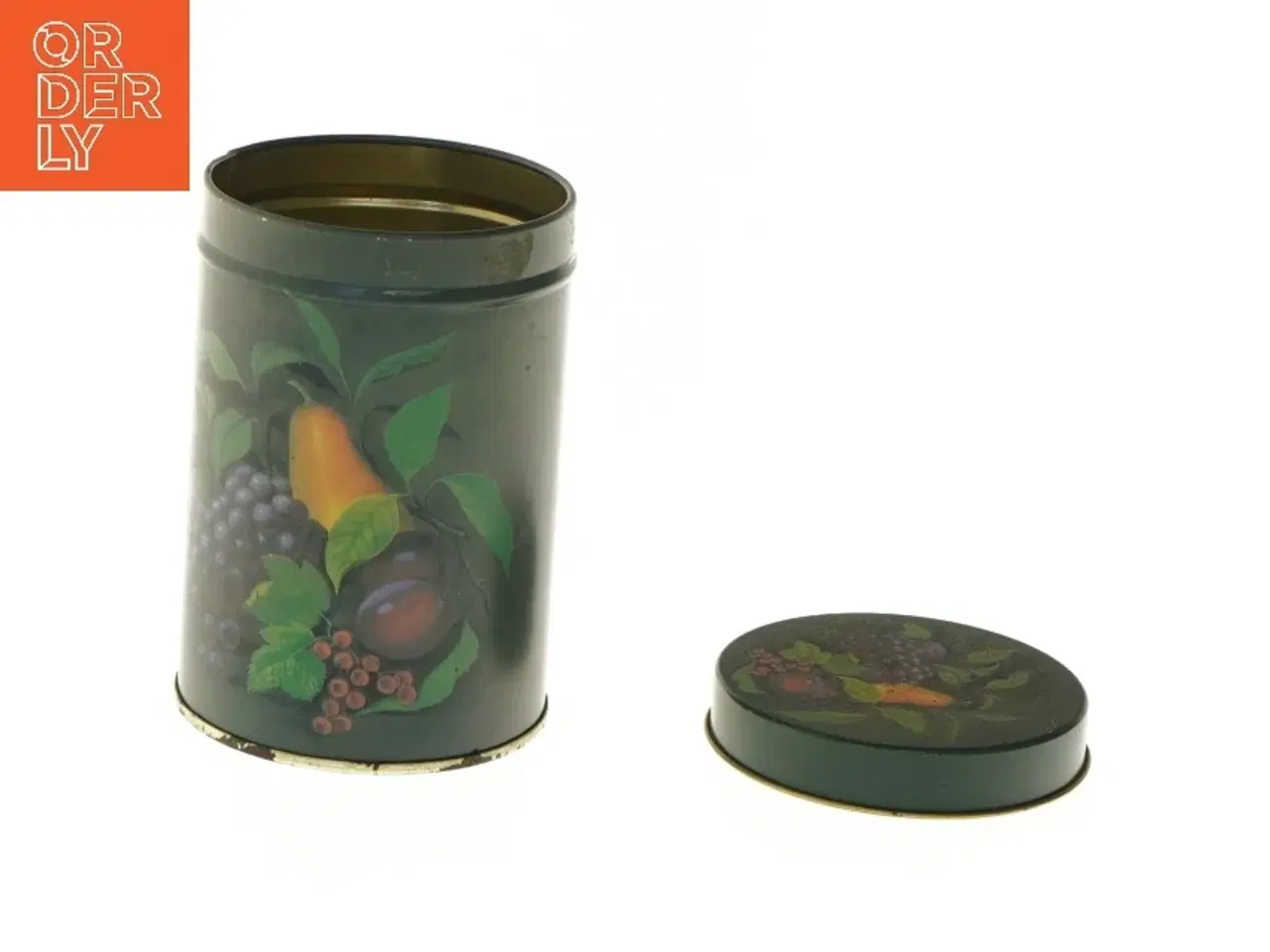 Billede 5 - Dekorativ metalbeholder med frugtmotiv (str. Ø 8,5x12 cm)