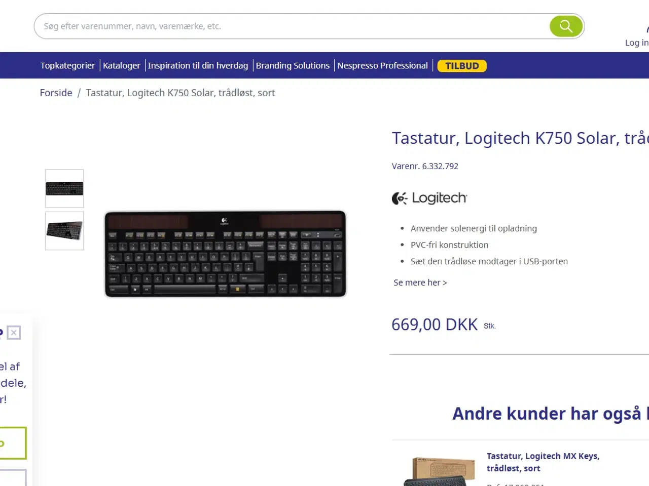 Billede 3 - Tastatur, Logitech K750 Solar, trådløst, sort