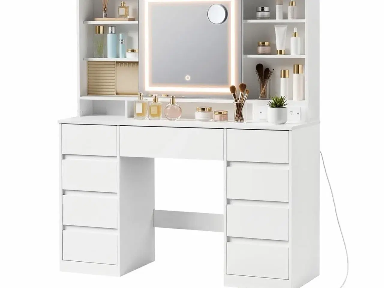 Billede 2 - Toiletbord med LED-spejl, 9 skuffer og smykkes opbevaring – hvid