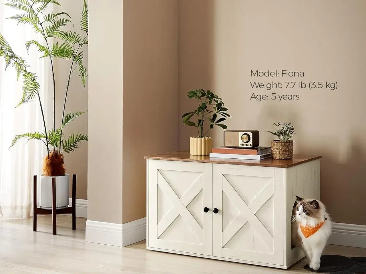 Billede 2 - Kattebakke skab – FEANDREA skjult kattebakke-møbel med aftagelig skillevæg, indendørs kattehus/sidebord, 80 × 53 × 50 cm, honningbrun & rustik hvid