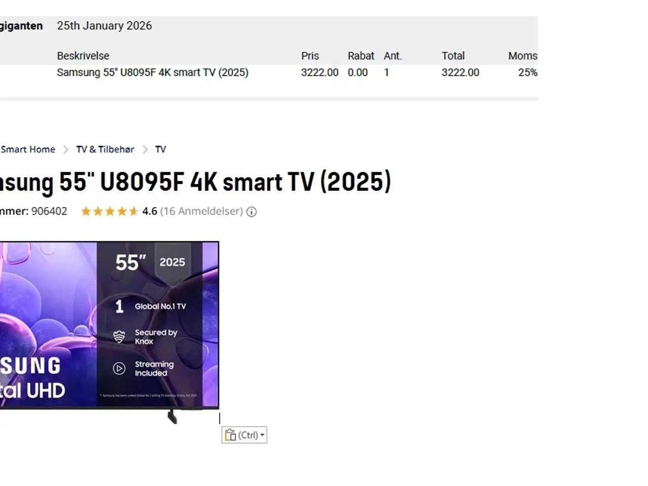 Billede 1 - Nyt Samsung 55" smart TV købt 25.01.2026