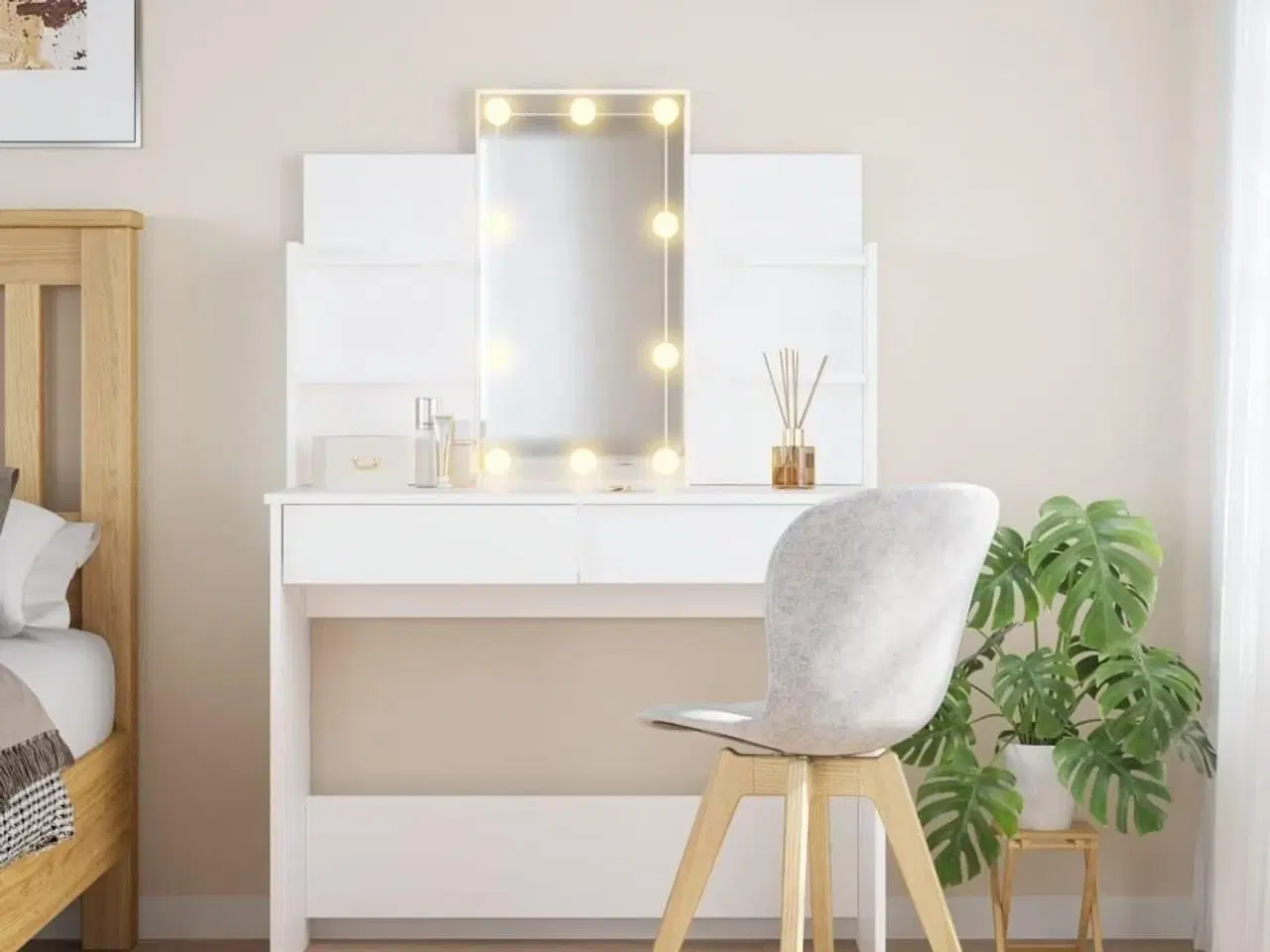 Billede 1 - Makeupbord med LED-lys 96x40x142 cm hvid