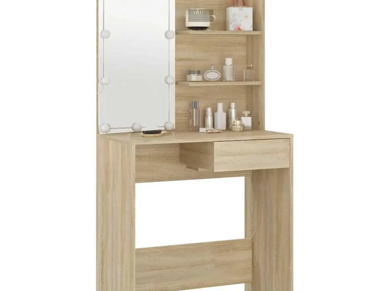 Billede 3 - Makeupbord med LED-lys 74,5x40x141 cm konstrueret træ sonoma-eg
