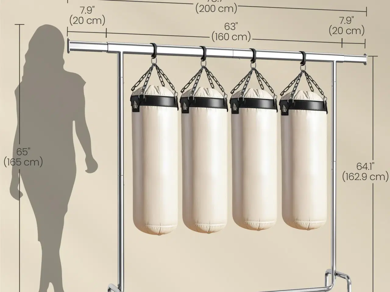 Billede 6 - Tøjstativ på hjul – kraftig udgave med udtrækkelig bøjlestang, 110 kg, 45 × 160–200 × 162,9 cm, forkromet – sølv (HSR176E01)