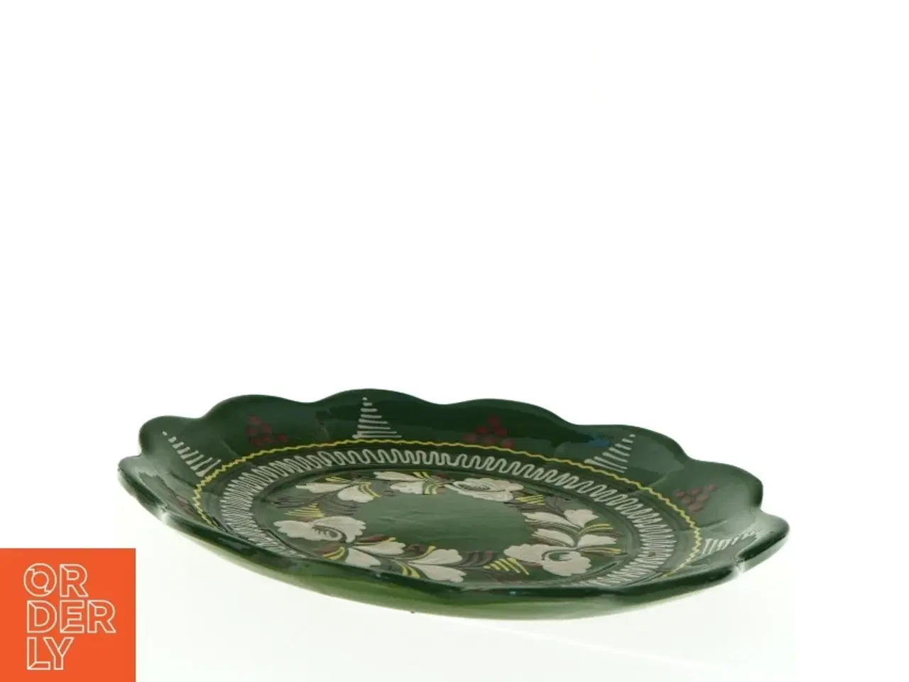 Billede 4 - Grøn keramik fad med dekorative malede motiver (str. O 29 cm)