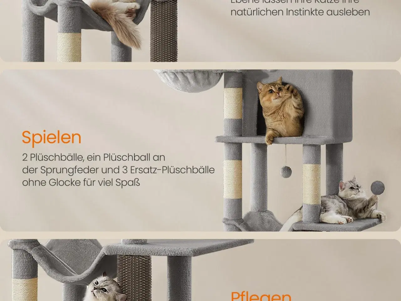 Billede 5 - Kattetræ Feandrea, 175 cm højt, multi-level kattemøbel med 2 huler, 2 kurve, 5 kradsepæle, selv-plejer, udkigsplads og hængekøje, indendørs, duegrå