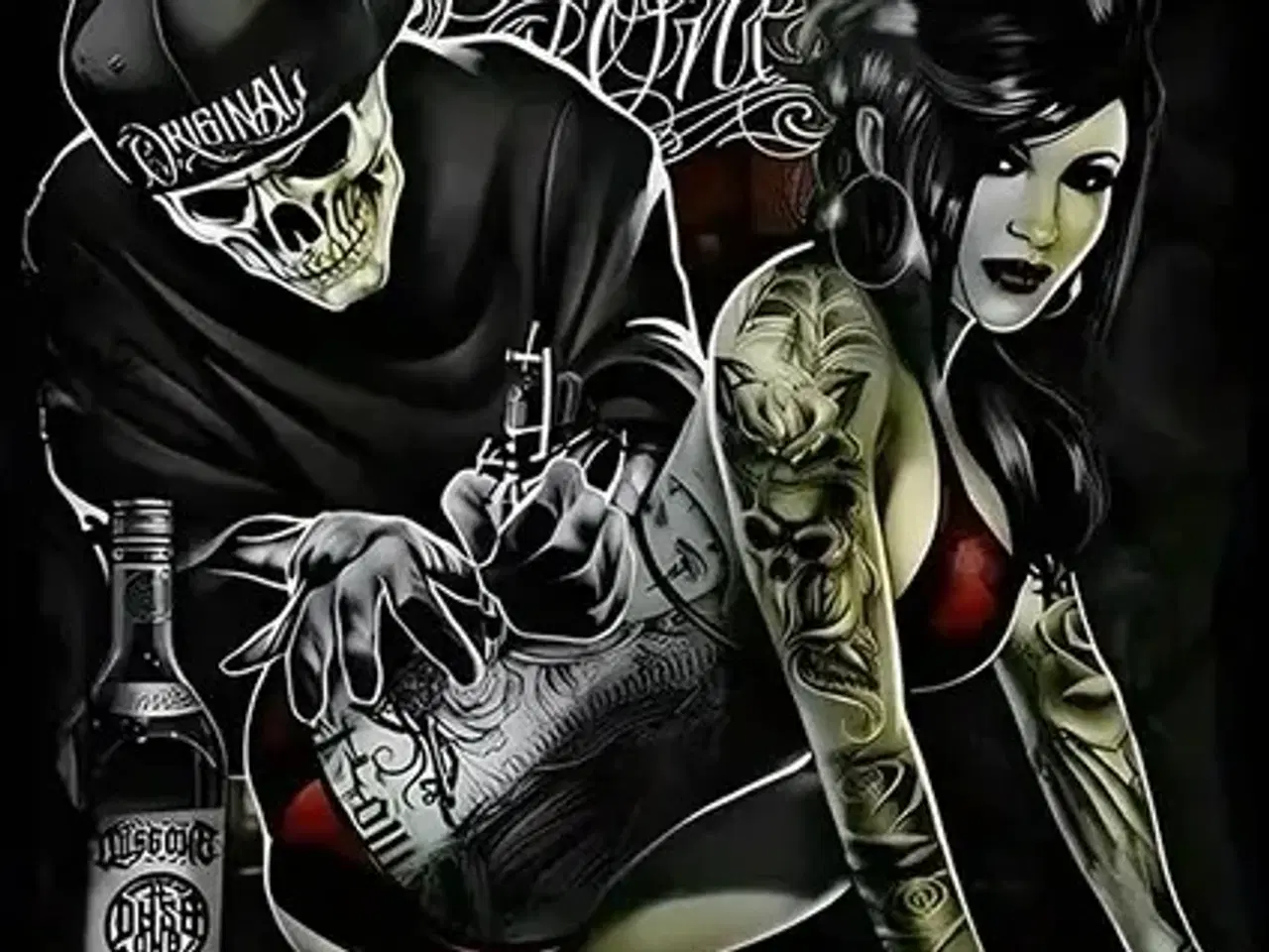 Billede 1 - * Tattoo-lærredsmaleri; Skeleton and sexy woman * 