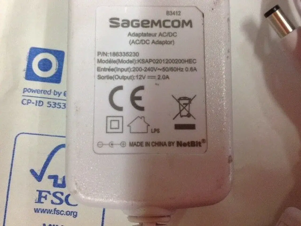 Billede 2 - SagemCom AC/DC Adapter KSAP0201200200HEC 12V 2A