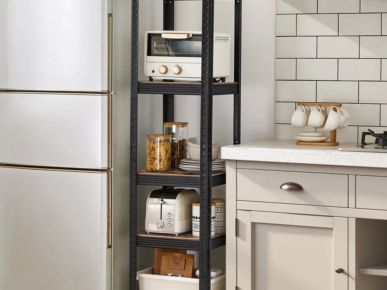 Billede 4 - Reolsystem metal med trælook 37×37×150 cm 5 hylder, justerbar, 400 kg samlet belastning, rustik brun/sort