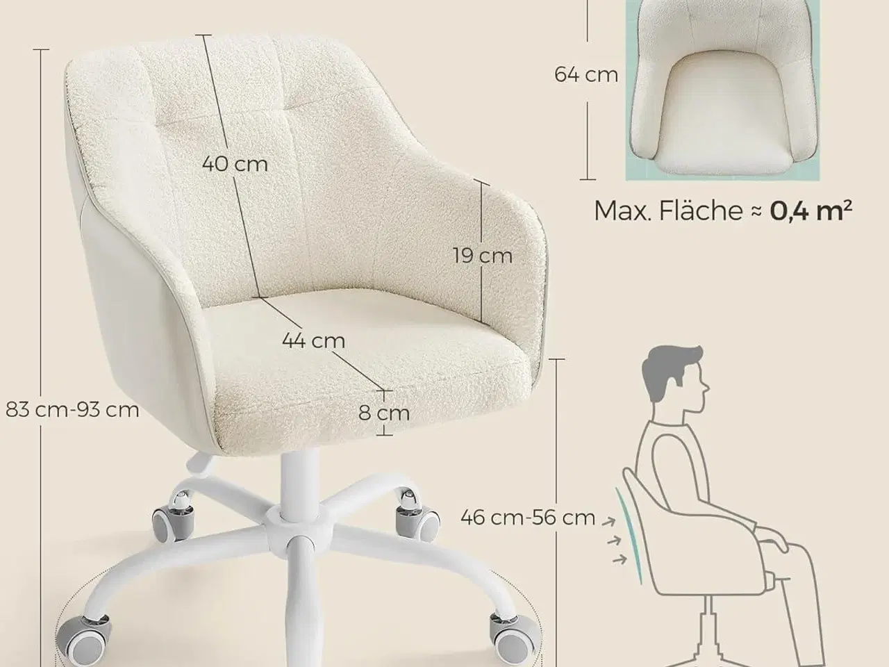 Billede 3 - Kontorstol med armlæn – SONGMICS – drejbar, højdejusterbar, cappuccino beige