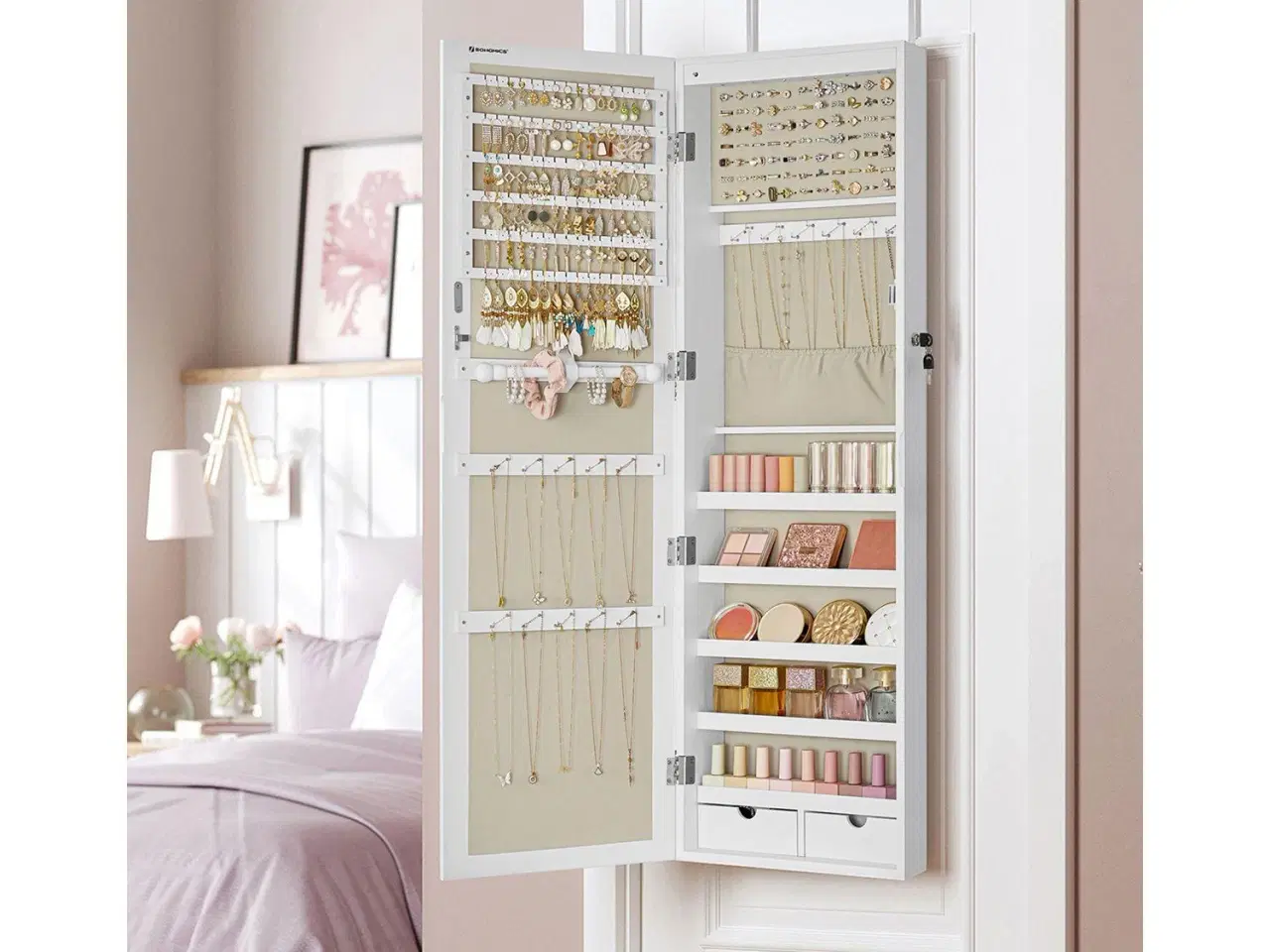 Billede 2 - Smykkeskab med spejl – SONGMICS væg-/dørhængt, låsbart, hvid med træstruktur og beige for, JJC093W01
