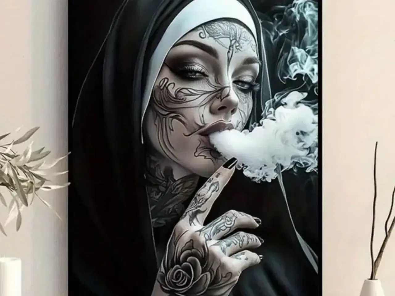 Billede 1 - * Lærredsmaleri/tryk; Rygende nonne