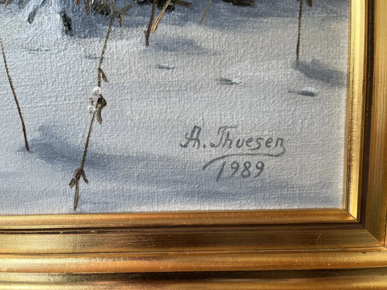Billede 2 - Oliemaleri A. Thuesen Vinterlandskab med fasaner