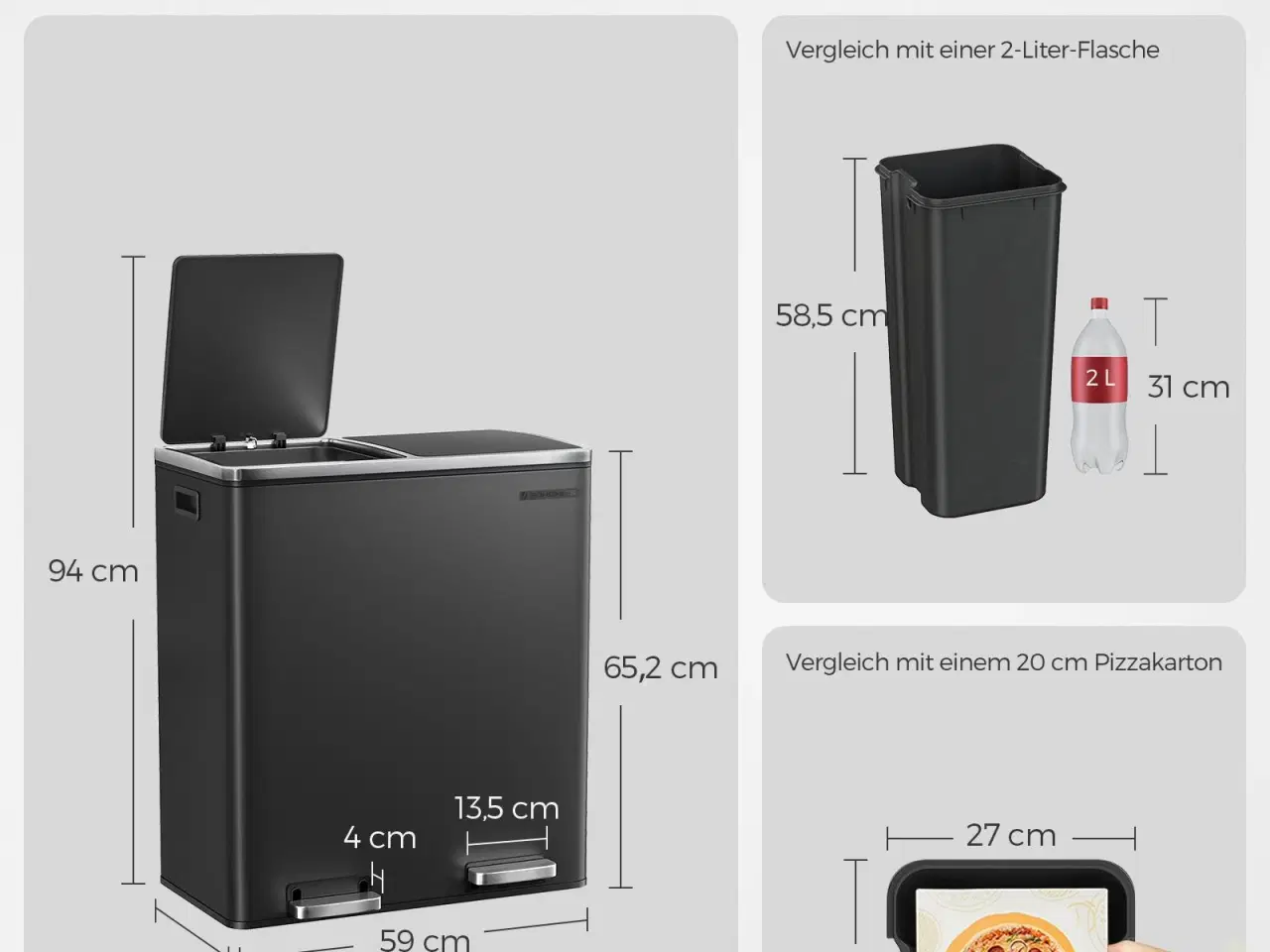 Billede 5 - Skraldespand med dobbelt rum 2 x 30 l – SONGMICS, pedal, soft-close, sort