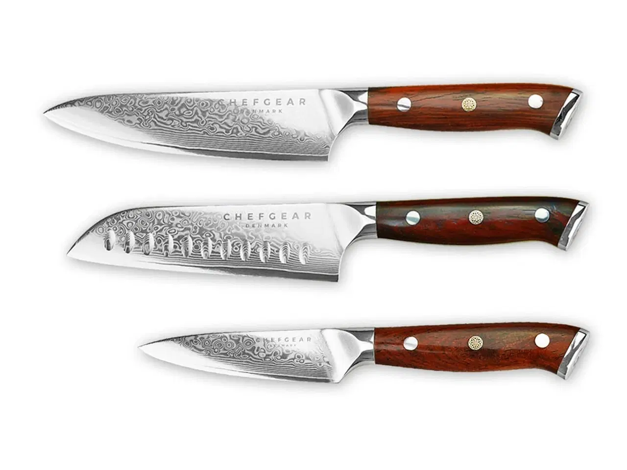 Billede 1 - Køkkenknivsæt udført i 67 lags Damaskus stål.