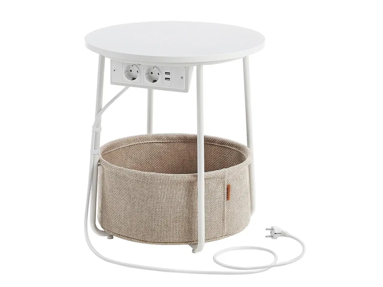 Billede 1 - Sofabord rundt sidebord med stofkurv og strømudtag, mat hvid/kamelbrun