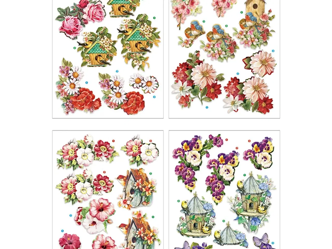 Billede 1 - 3D Motiver med Blomster og Fugle - 4 ark 21x30 cm