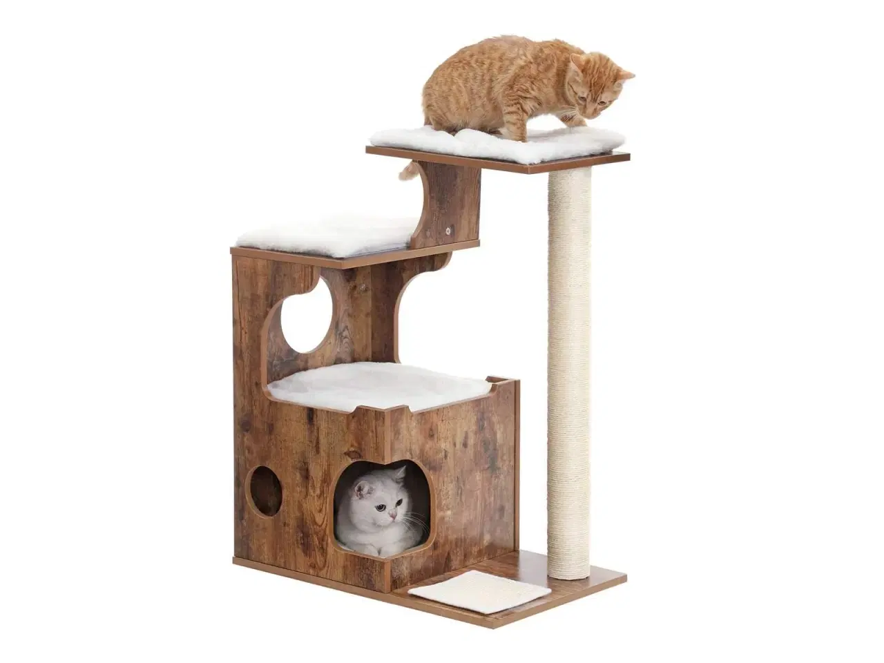 Billede 2 - Kattetræ – FEANDREA 86 cm, mellem kattetårn med 3 liggepladser og hule, MDF med træfiner, sisalstolpe og vaskbart kunstpels – rustik brun/hvid