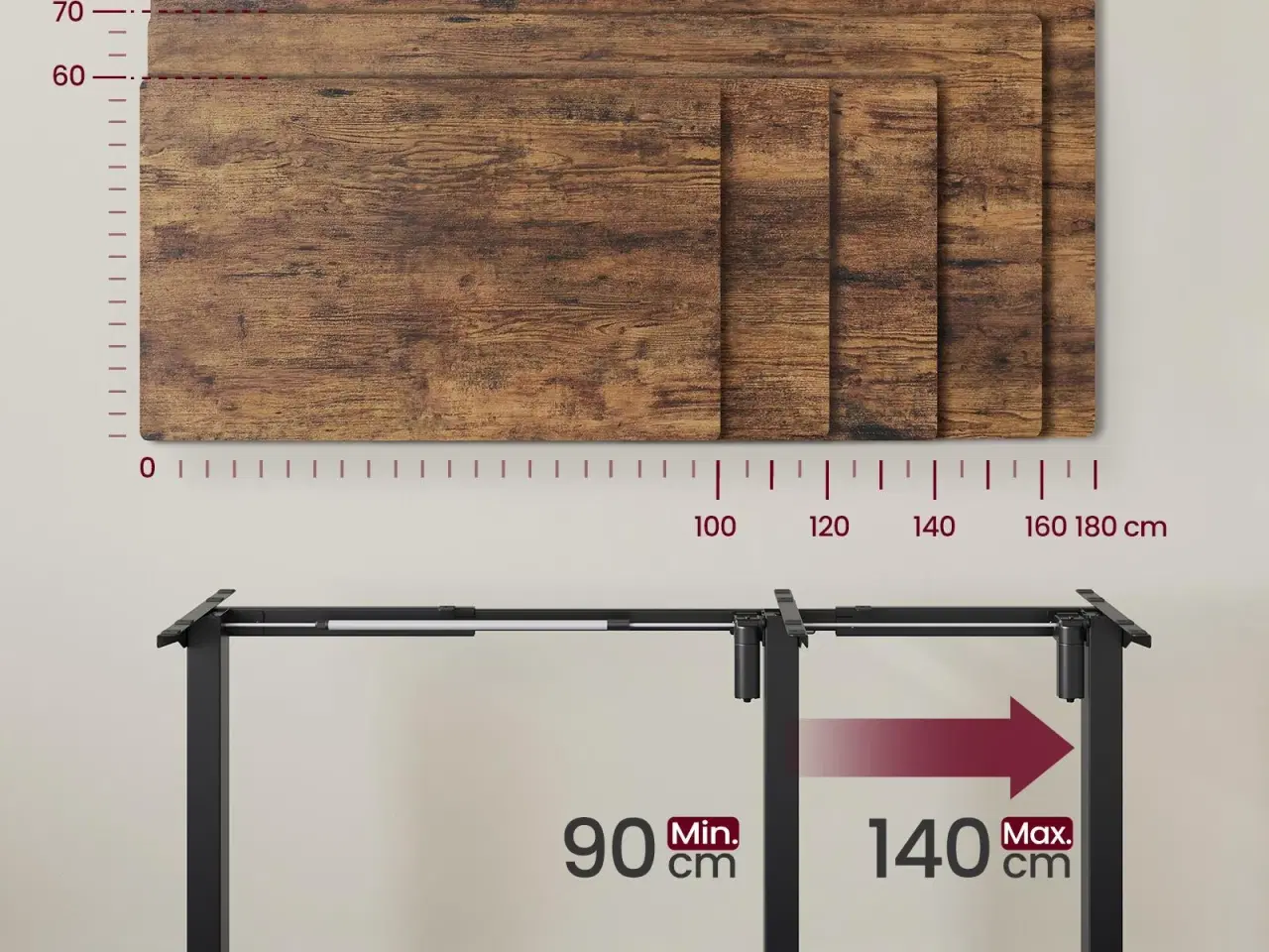 Billede 2 - Elektrisk hæve-sænke stel til skrivebord – justerbart 80–150 cm, memory 3 højder, 70 kg, stål, ink black
