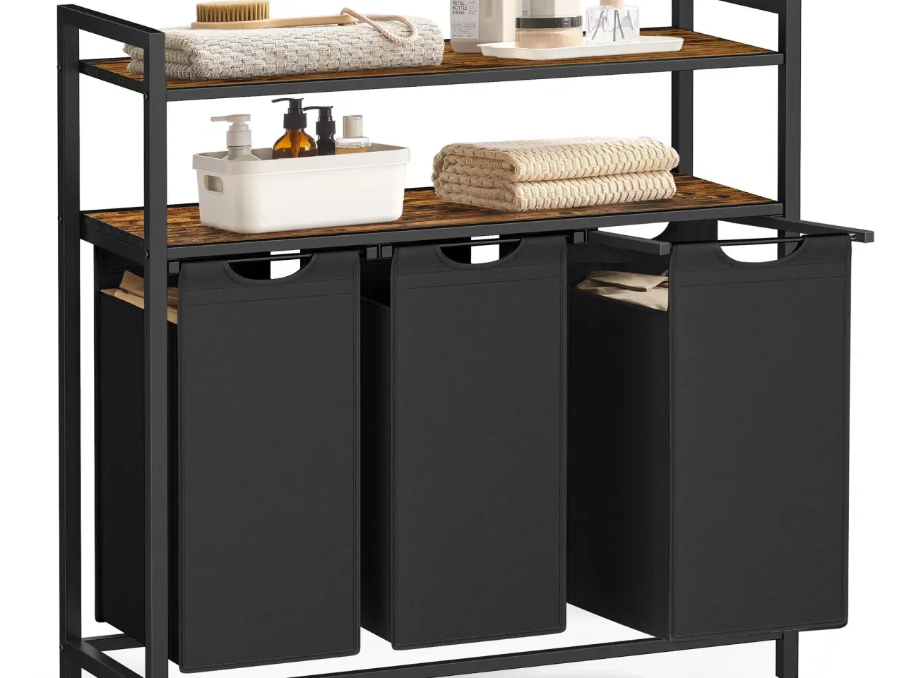 Billede 1 - Vasketøjssorterer med 3 udtagelige poser og 2 hylder – rustik brun/sort, 40 l pr. pose