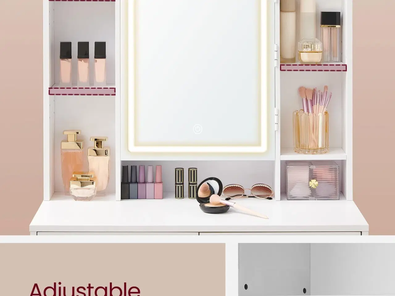 Billede 6 - Makeupbord med LED-lys, spejl og skuffer – 40 × 98,3 × 145 cm, moderne toiletbord i cloud hvid