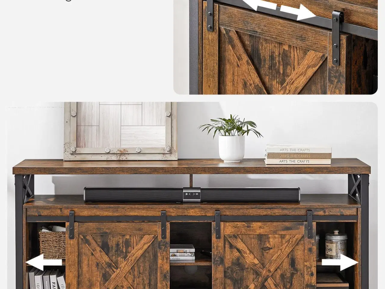 Billede 5 - TV-bord til 65" justerbare hylder, skydelåger i lade-stil, industrielt design, metalstel, rustik brun/sort