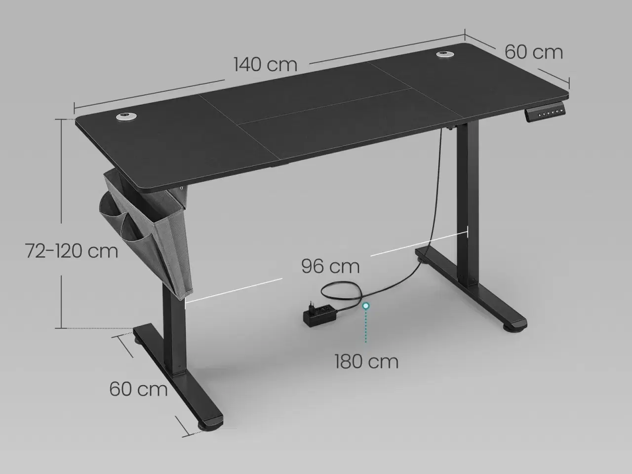 Billede 5 - Elektrisk hæve-sænkebord 60 × 140 cm – 72–120 cm, memory 4 højder, blæk-sort