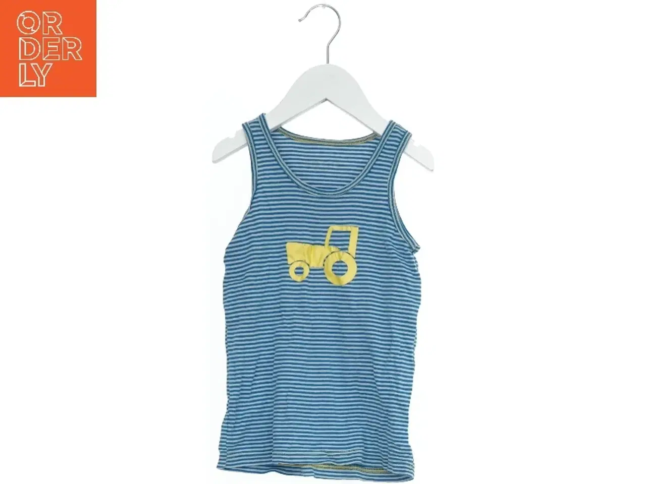 Billede 1 - Blå og hvid stribet tanktop med traktormotiv (str. 116)