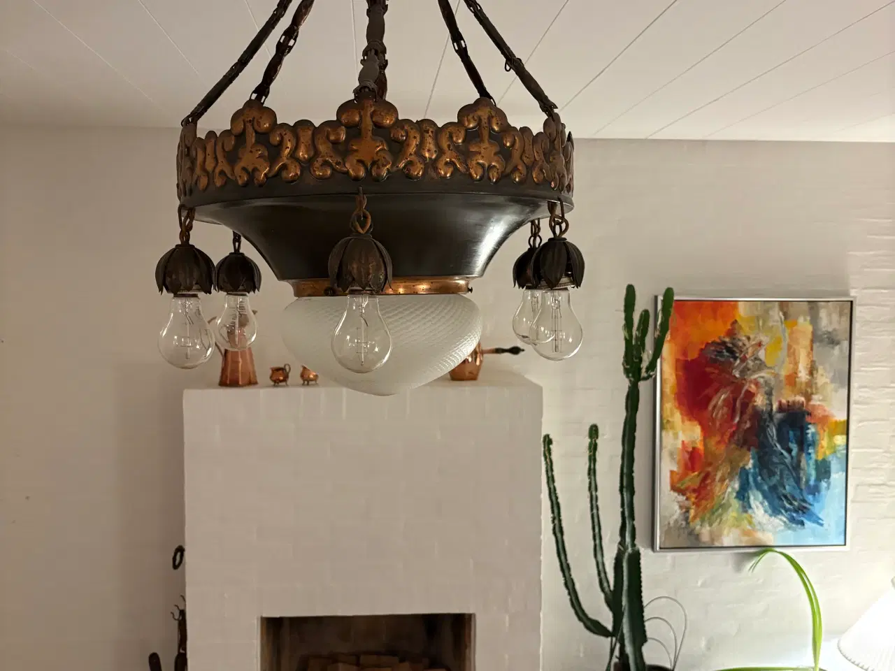 Billede 2 - Smuk antik loftlampe i patineret metal 