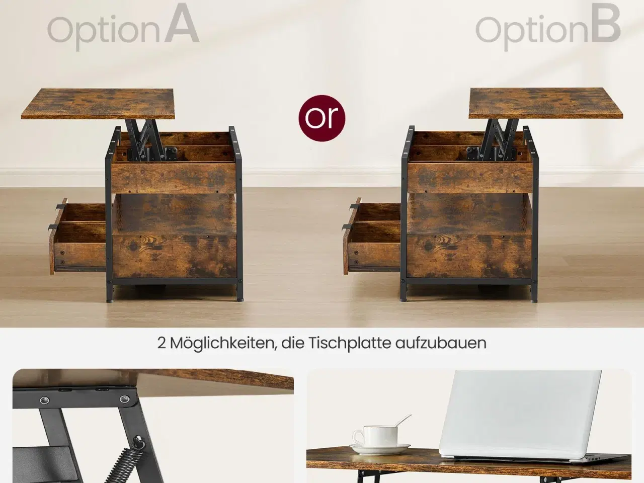 Billede 5 - Sofabord med hæve/sænke-plade skuffer, skjulte rum og åben hylde, rustik brun/sort