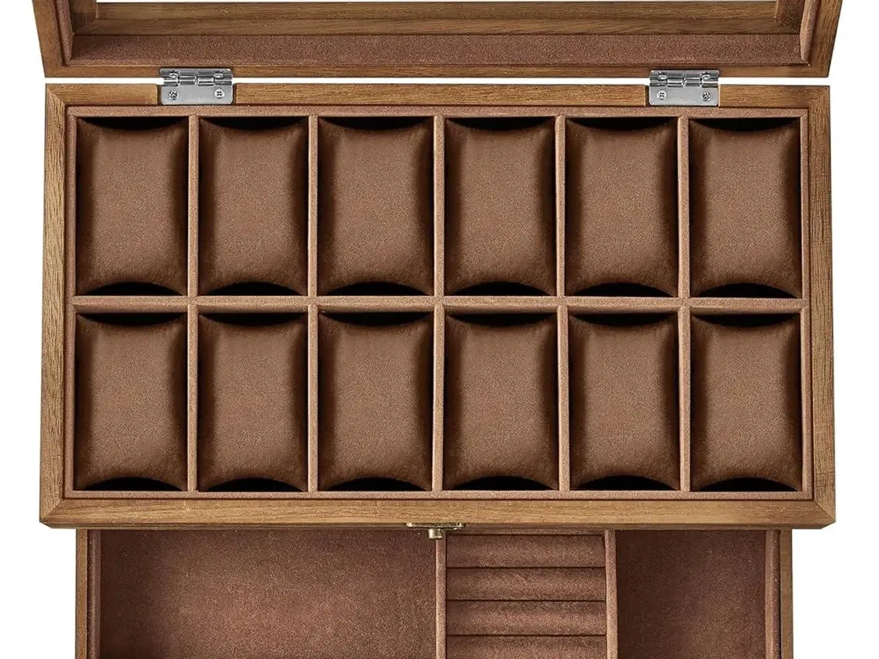 Billede 1 - Urkasse med glaslåg watch box i træ, 12 rum, 2 etager, rustik valnød