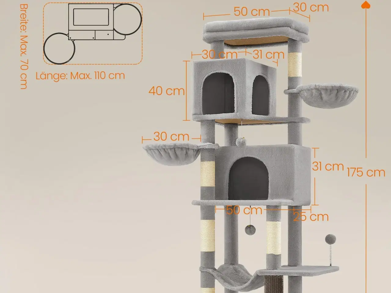 Billede 6 - Kattetræ Feandrea, 175 cm højt, multi-level kattemøbel med 2 huler, 2 kurve, 5 kradsepæle, selv-plejer, udkigsplads og hængekøje, indendørs, duegrå