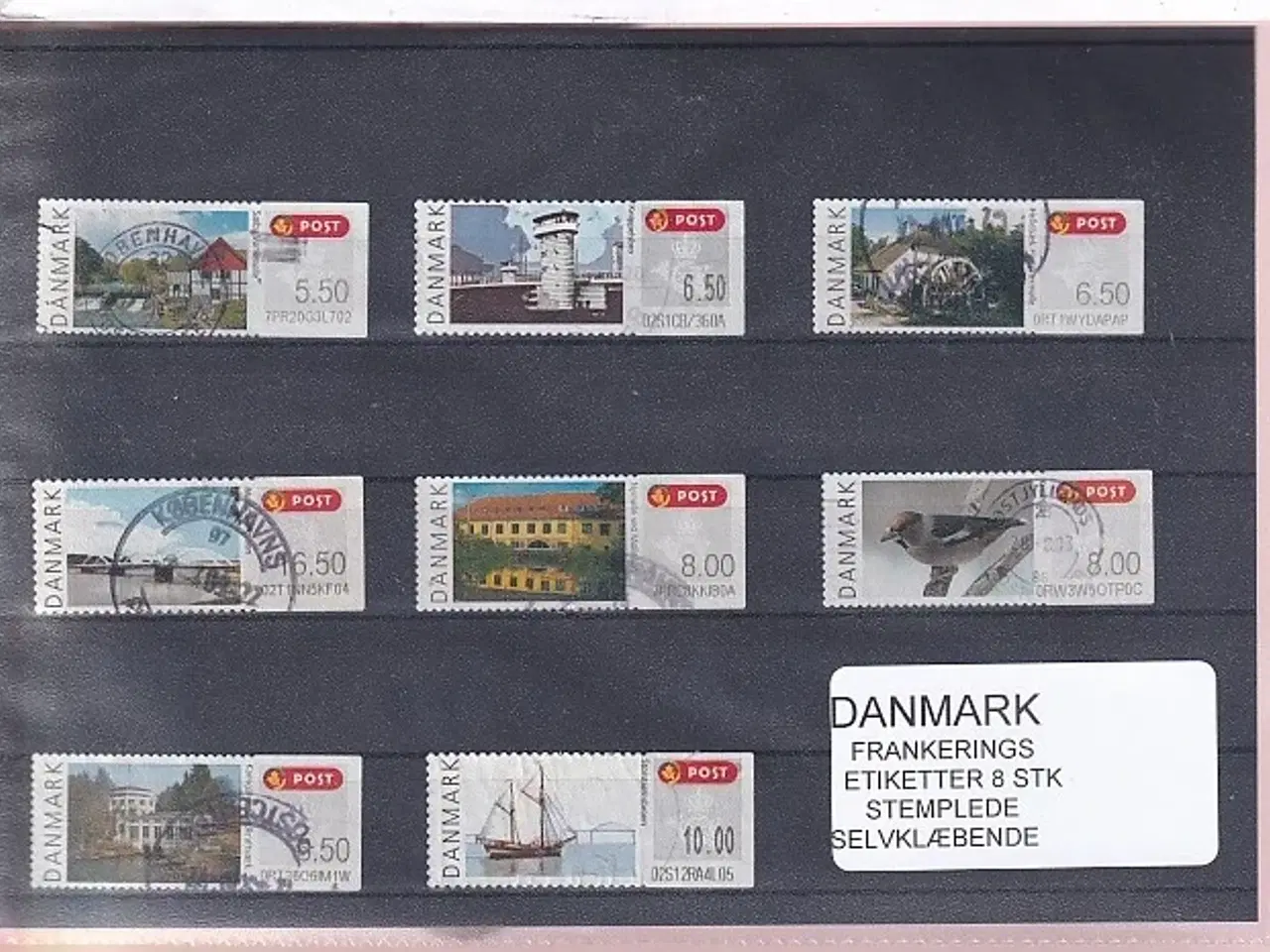 Billede 1 - Danmark - Frankeringsetiketter - 8 Stk. Stemplede - Selvklæbende