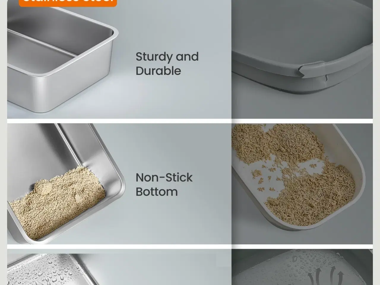 Billede 3 - Feandrea kattebakke i rustfrit stål med flip-låg, XL – lækagesikker, dobbelt indgang, inkl. skovl, børste og måtte – cappuccino beige