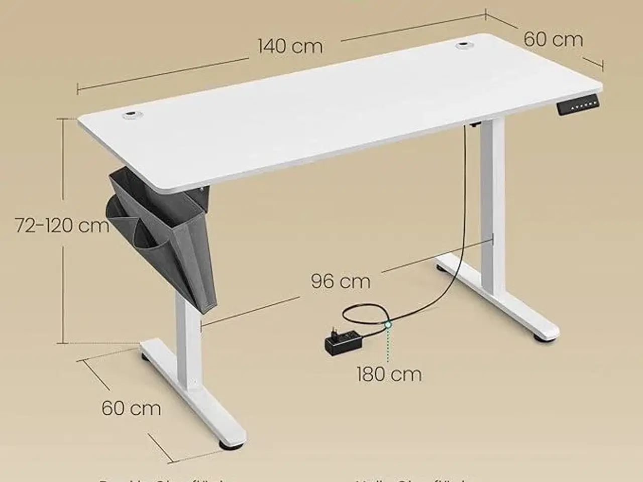 Billede 2 - Hæve-sænkebord elektrisk 60 × 140 cm, 72–120 cm, hukommelse, Cloud White