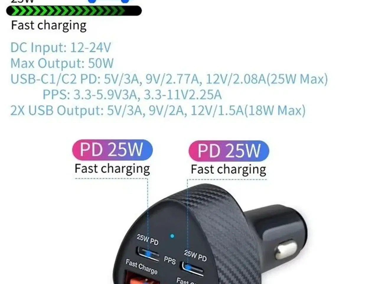 Billede 4 - 2 stk. Mobiltilbehør Biladapter 25w 4 porte