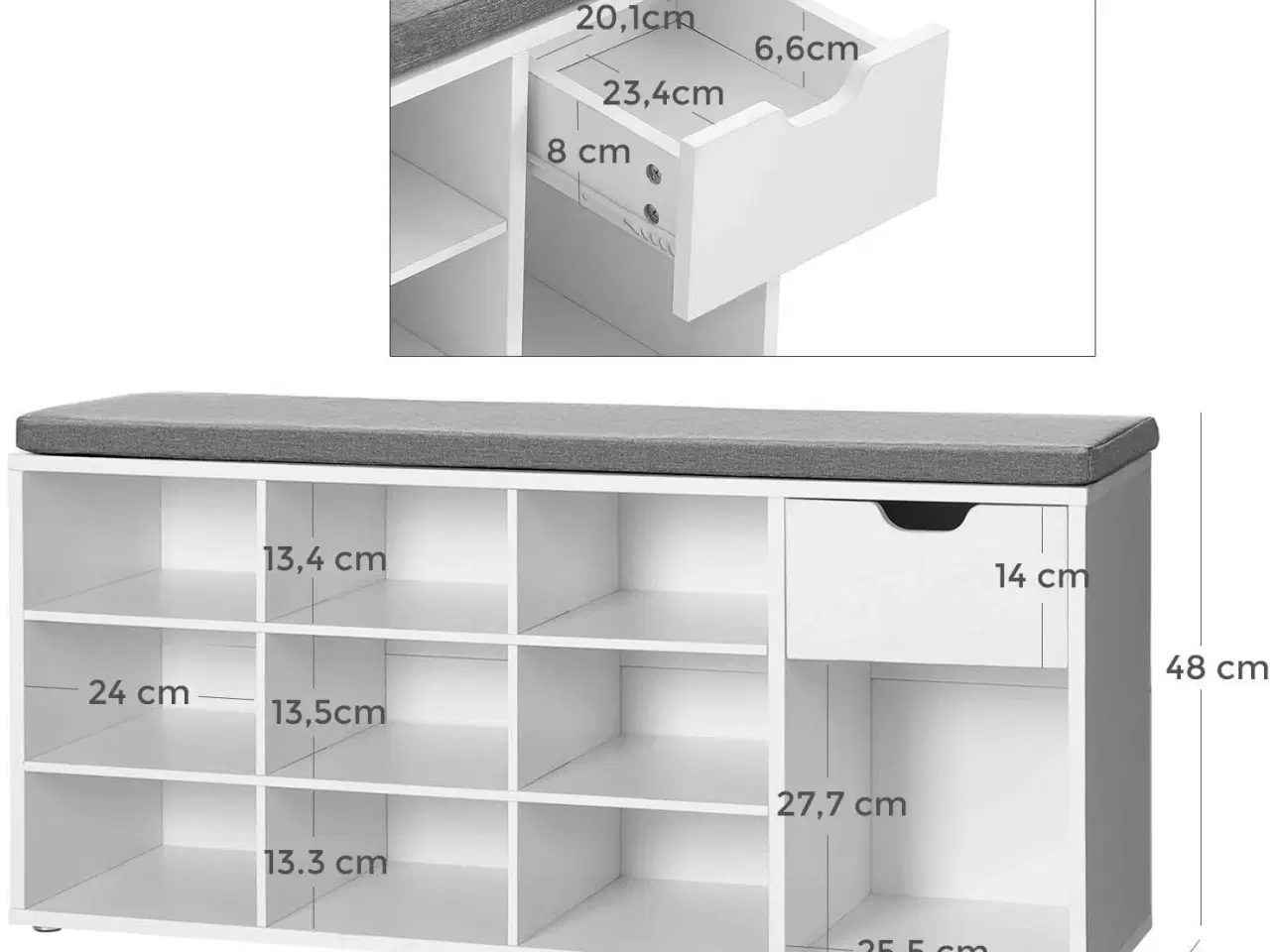 Billede 4 - Skobænk med opbevaring hvid/grå, polstret sæde, 2 åbne rum + 1 lukket (LHS021W01)
