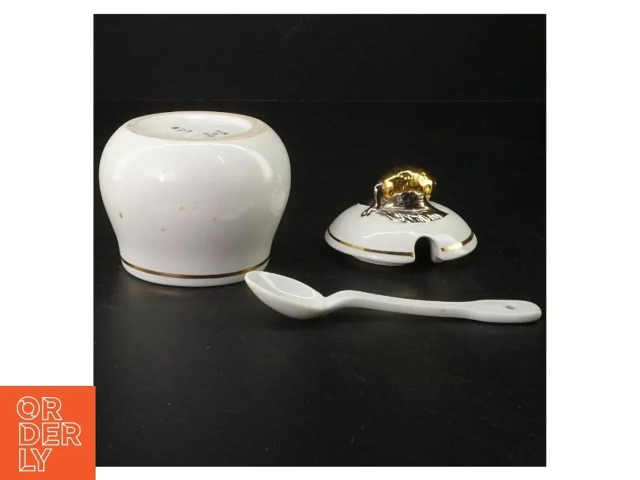 Billede 1 - Porcelænssukkerskål med løgformet låg og ske