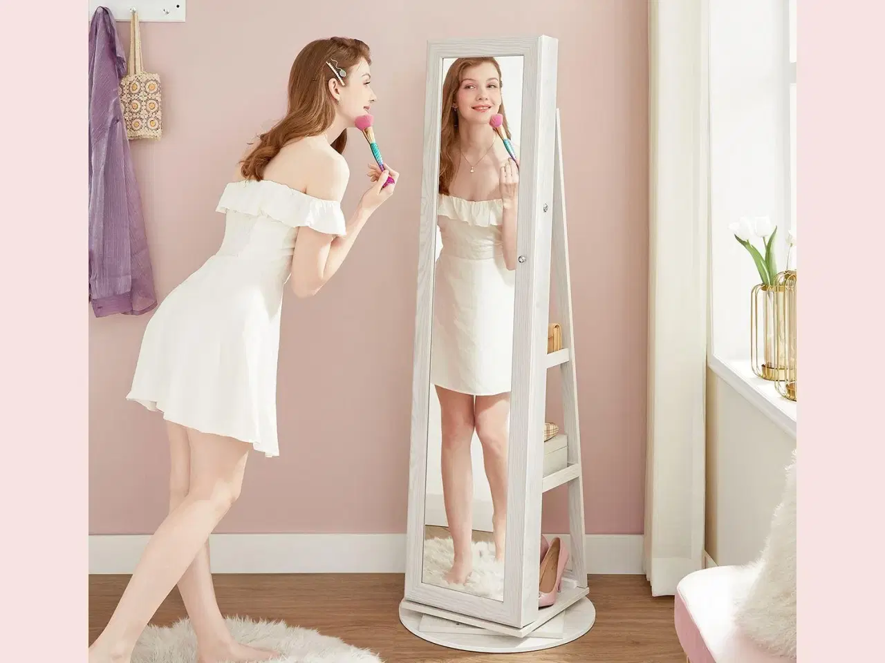 Billede 2 - Smykkeskab med spejl 360° fritstående, låsbart 3-i-1, hylder, kosmetikopbevaring, hvid med grå træstruktur