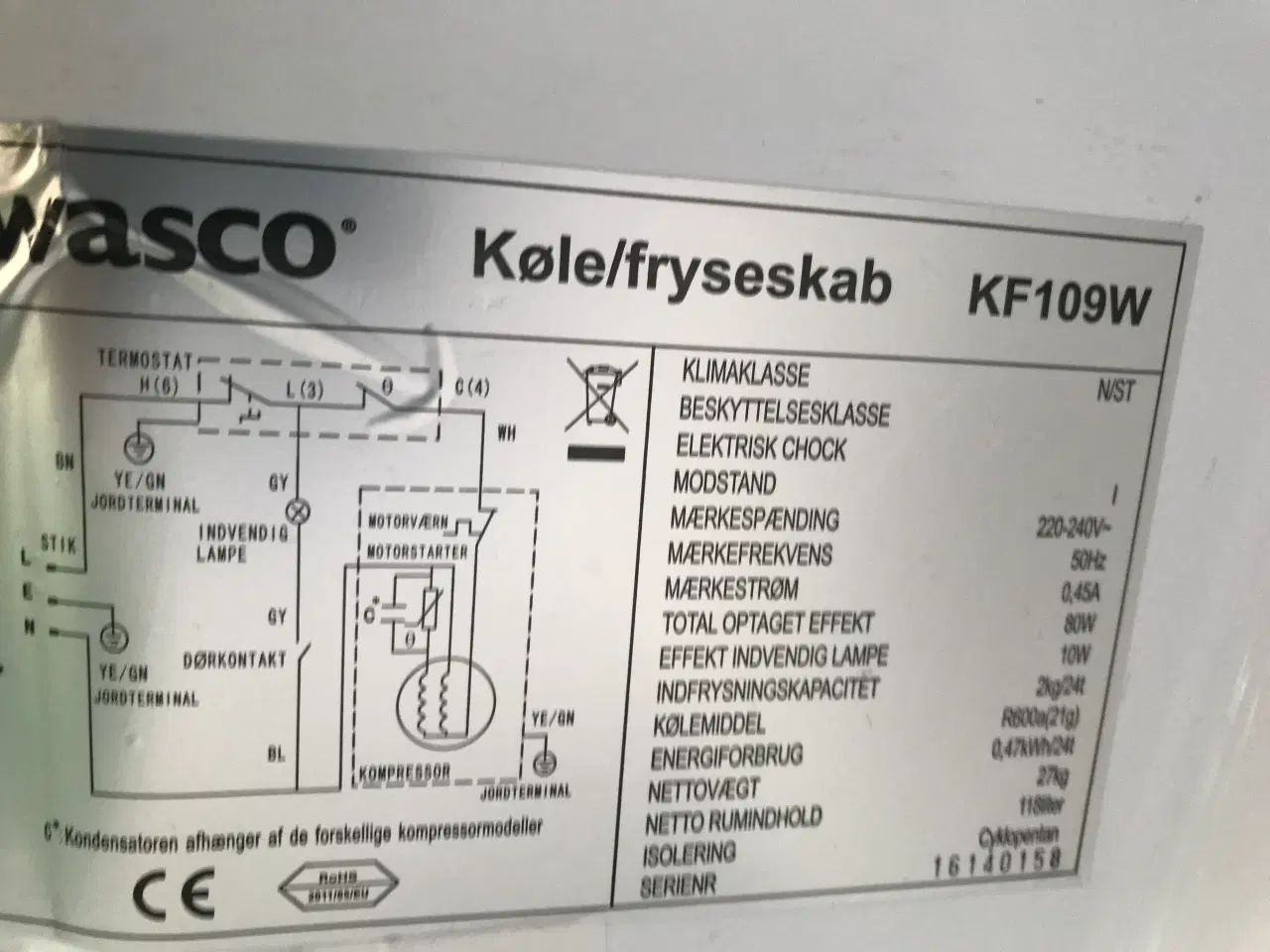 Billede 2 - Køl/Frys skab Wasco KF 109 W