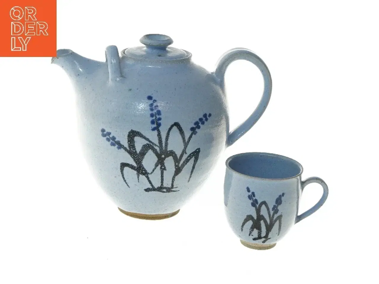 Billede 1 - Blå håndlavet keramik tekande og kop sæt (str. 25x16x20 og 8x8 cm)