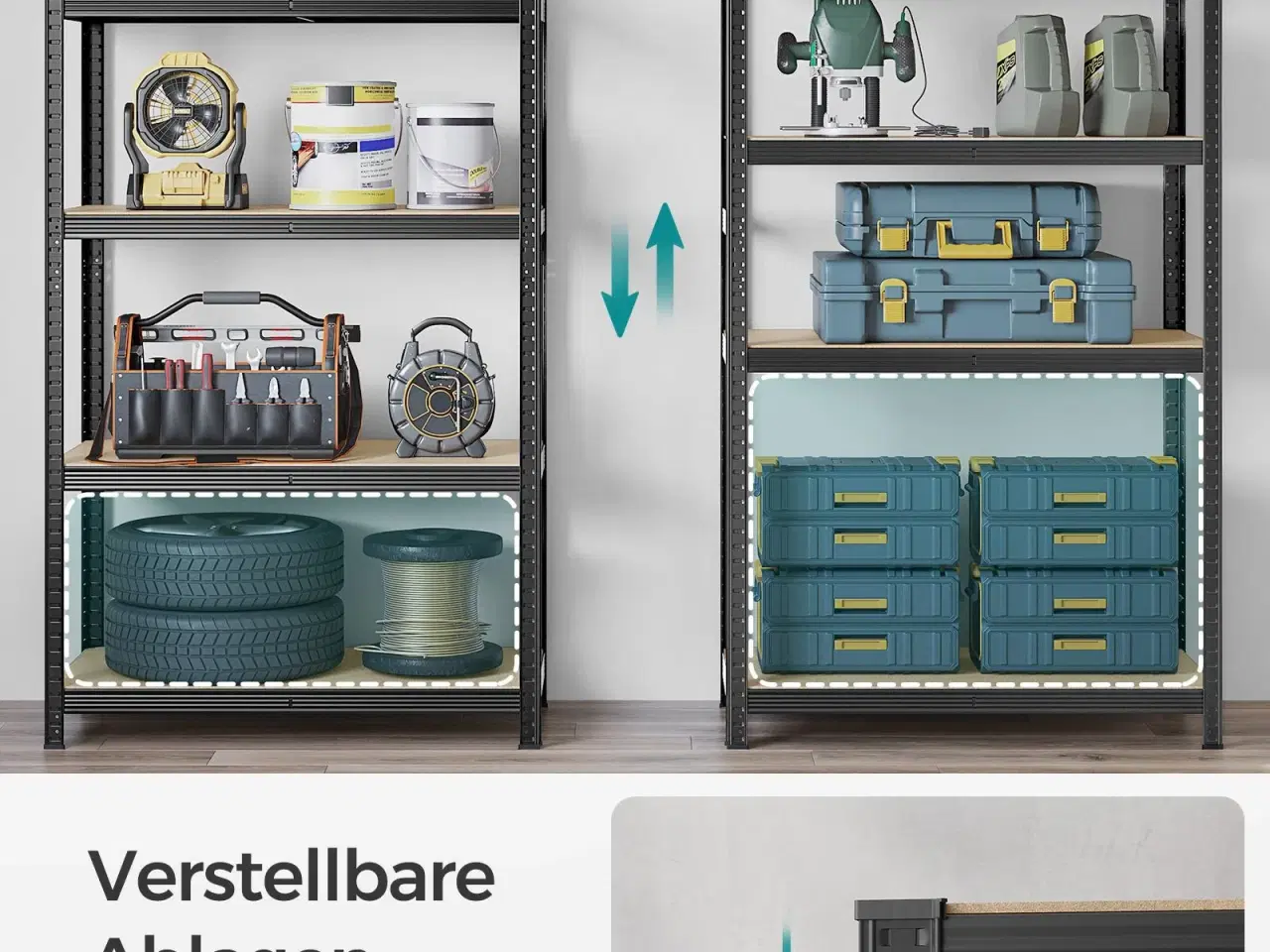 Billede 4 - Reol med 5 hylder stålhylle, 50 × 100 × 200 cm, sort