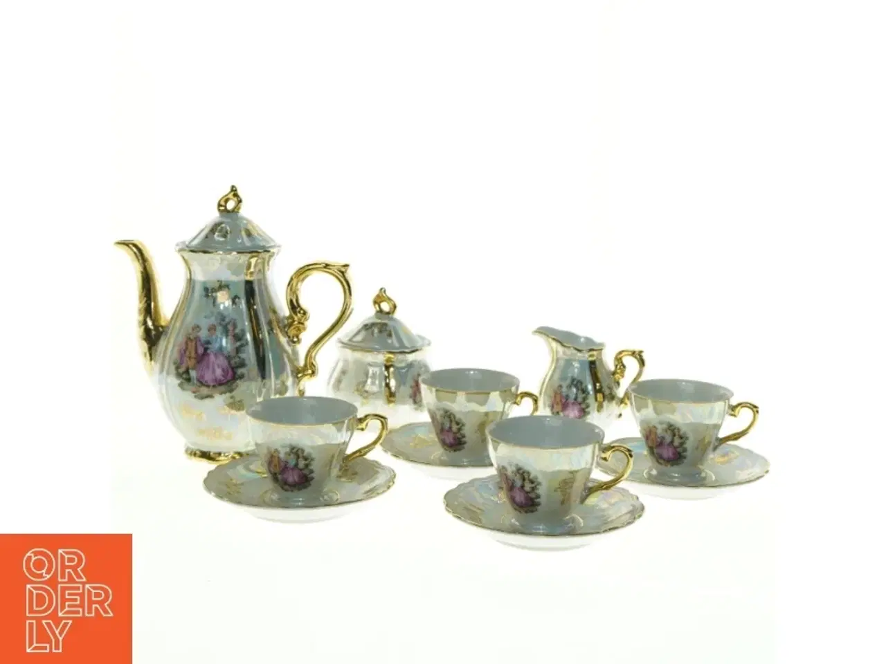 Billede 1 - Porcelæn te-sæt med blomstermotiver (str. Underkop ø, 11,5 cm kop 5,5 x 8,5 x 6,5 cm mælkekande 8 x 9 x 6 cm canne 14 x 17 x 10 cm sukkerskål 10 x 8 c