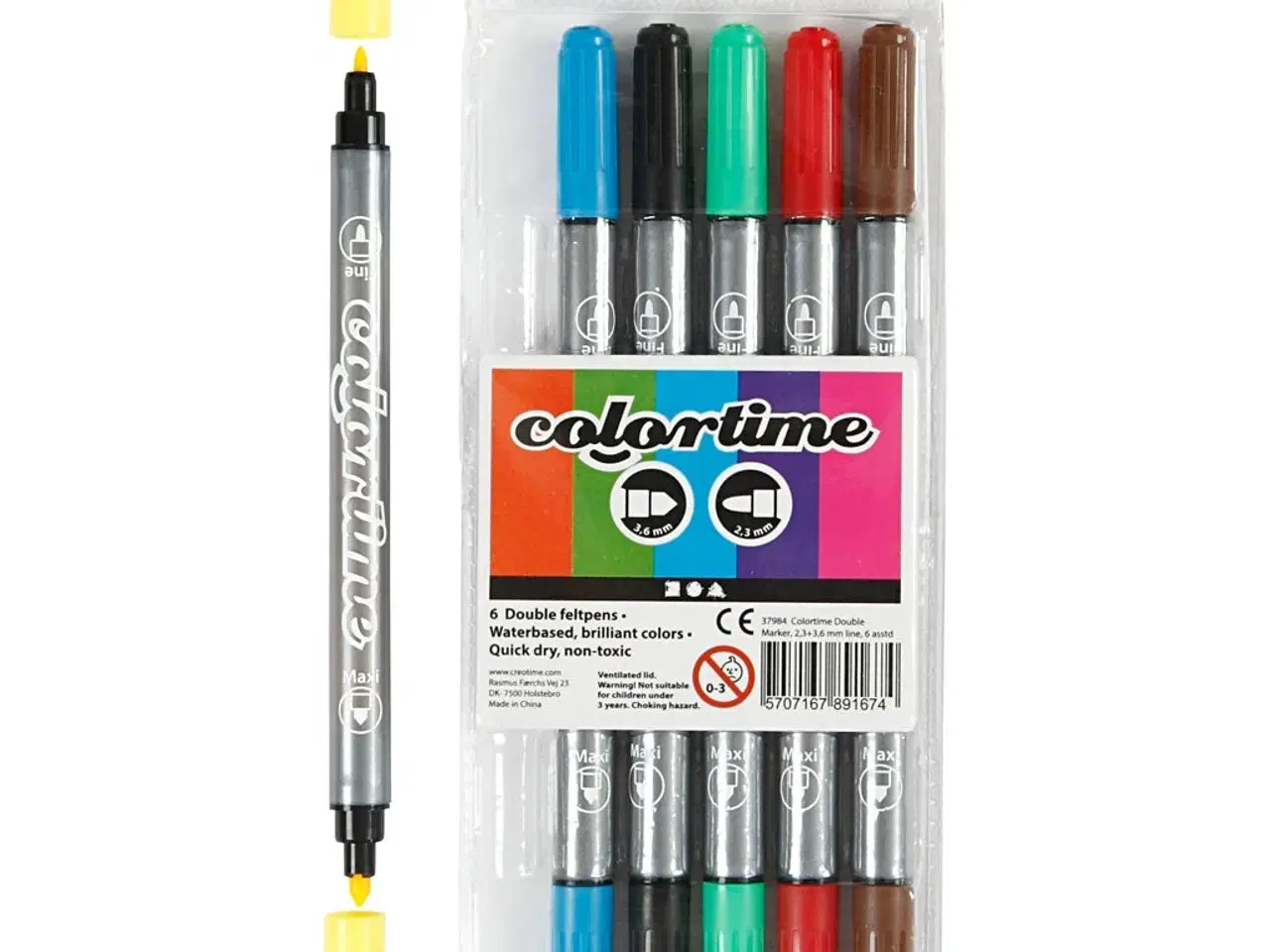 Billede 1 - Colortime Dobbelttusch, streg 2,3+3,6 mm, standardfarver, 6stk./ 1 pk.