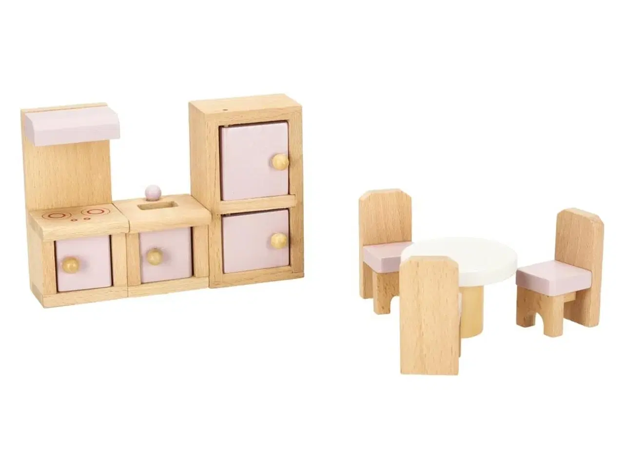 Billede 8 - Dukkehus møbler i træ – stue, soveværelse, badeværelse og køkken, lyserød – 22 dele